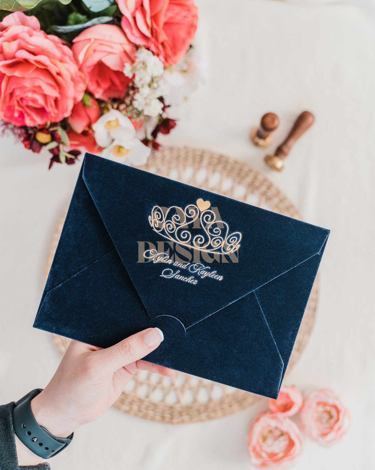 Navy Blue Velvet Horizontal Wedding Invitation Back View 