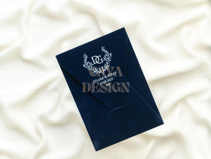 Navy Blue Velvet Vertical Wedding Invitation