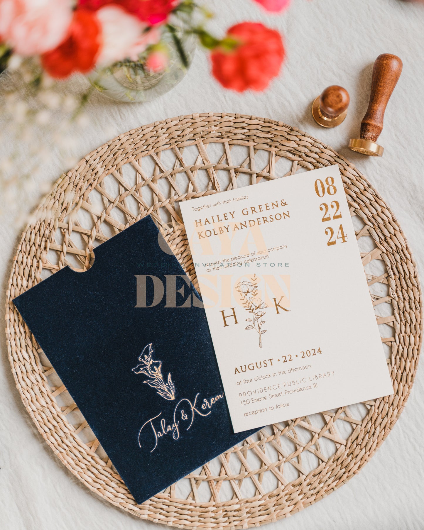 Navy Blue Velvet Vertical Wedding Invitation