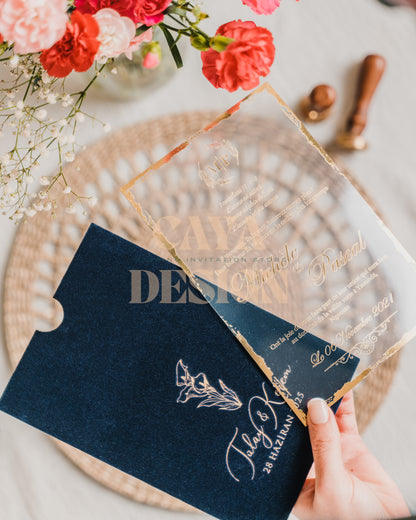 Navy Blue Velvet Vertical Wedding Invitation