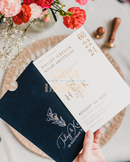 Navy Blue Velvet Vertical Wedding Invitation