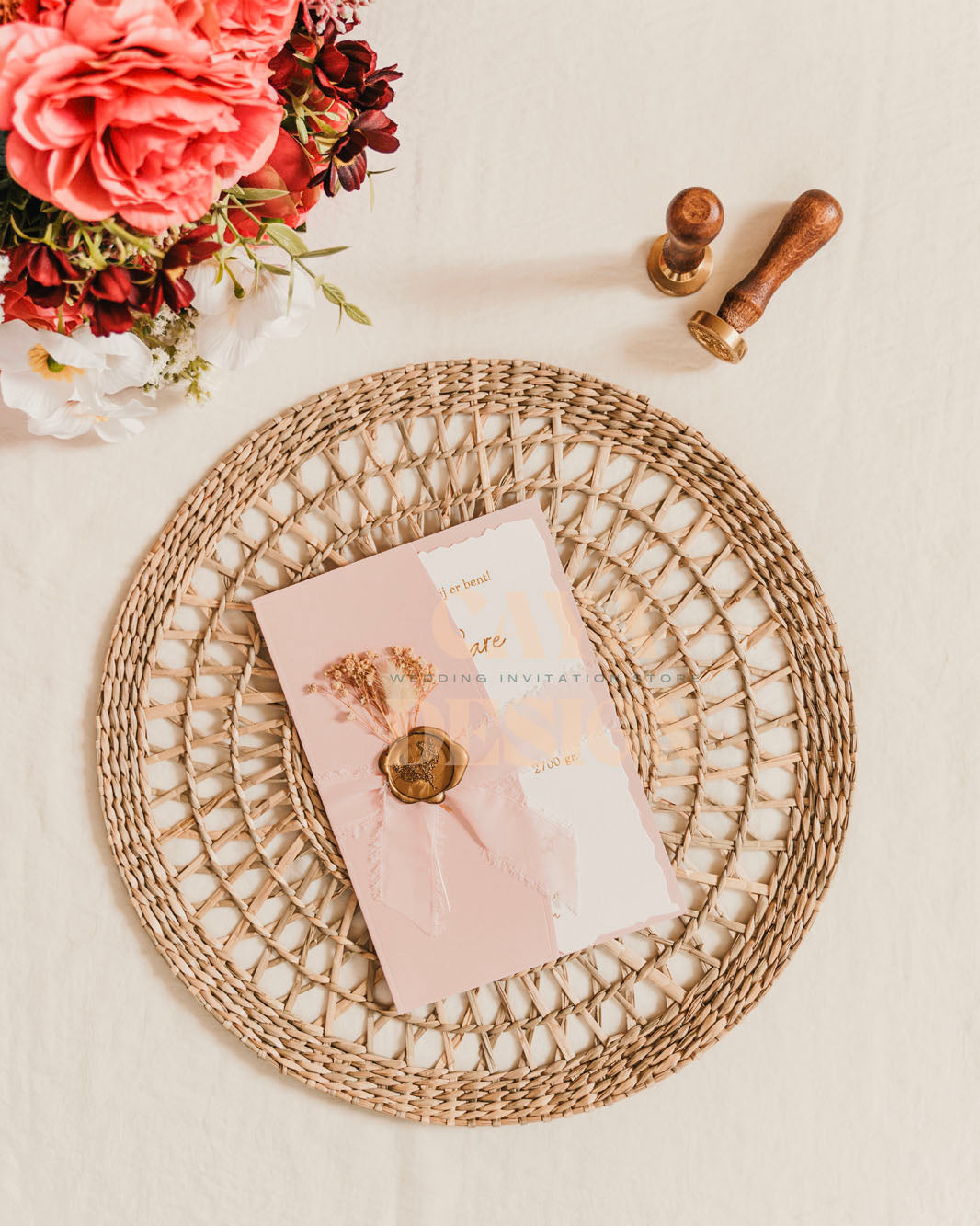 Pink Paper Half Fold Wedding Invitation with Paper Insert Card and Gold Foil Front View