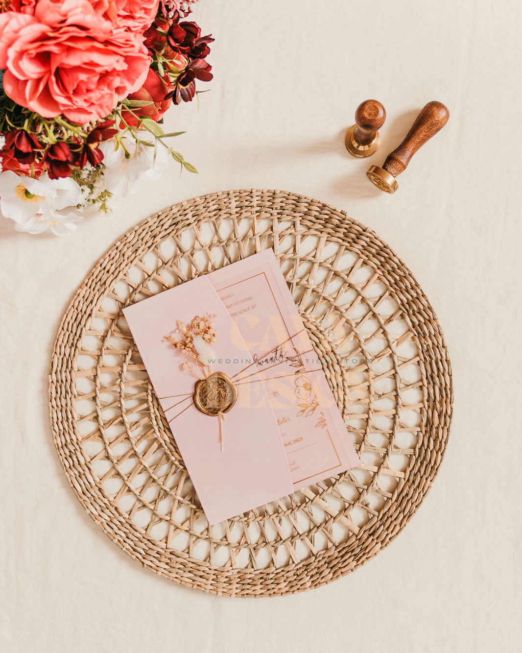 Pink Paper Half Fold Wedding Invitation with Acrylic Insert Card and Gold Foil details