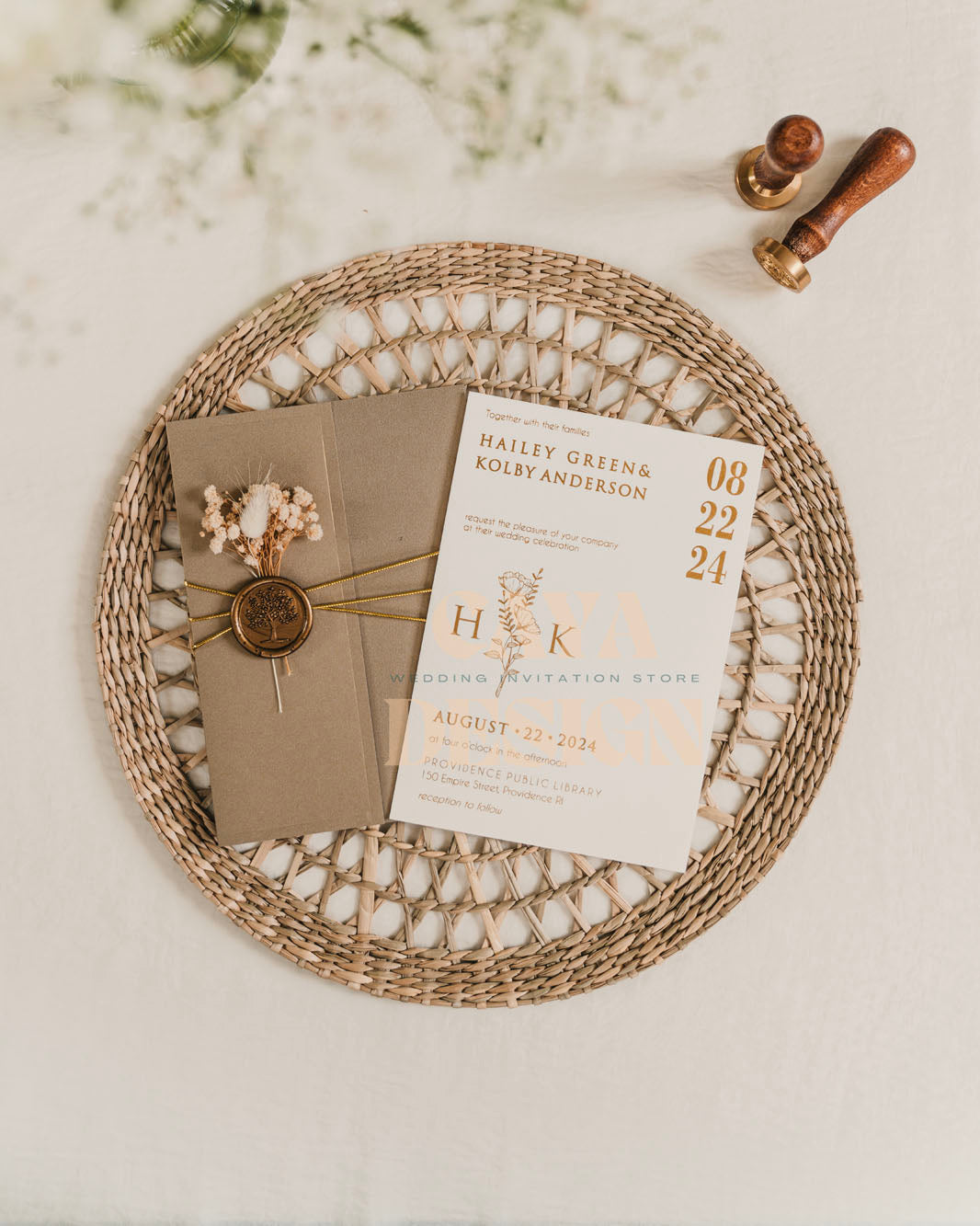 Brown Paper Half Fold Wedding Invitation with Paper Insert Card and Gold Foil at a wedding