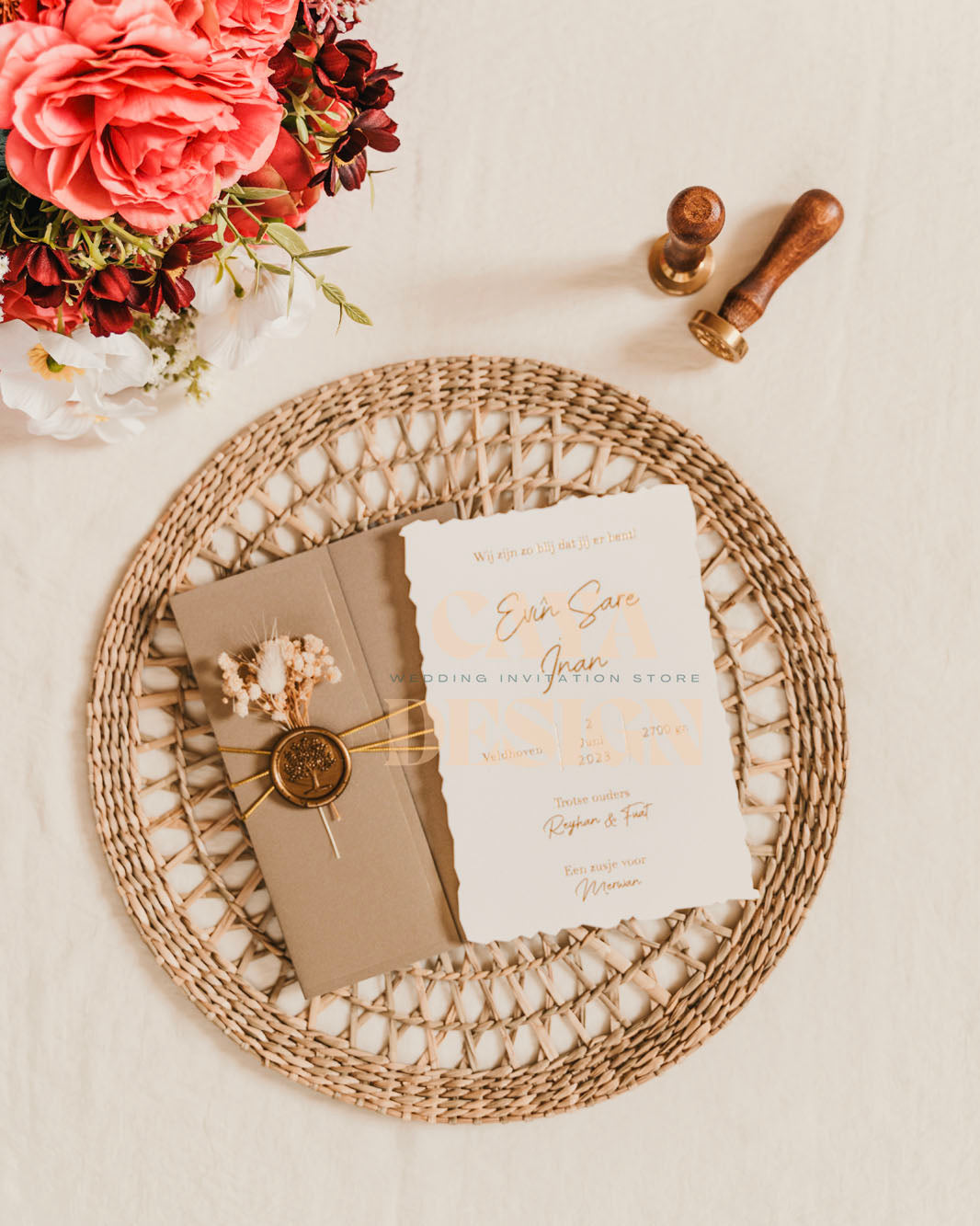 Brown Paper Half Fold Wedding Invitation with Paper Insert Card and Gold Foil and dried flowers at a wedding