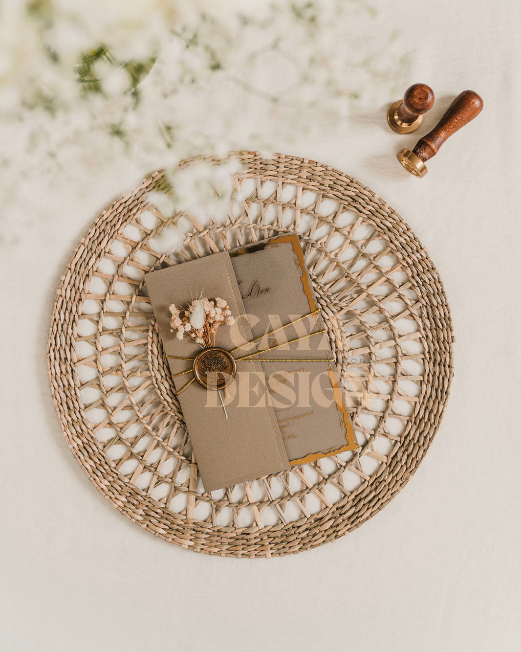 Brown Paper Half Fold Wedding Invitation with Acrylic Insert Card and Gold Foil details