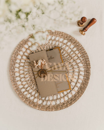 Brown Paper Half Fold Wedding Invitation with Acrylic Insert Card and Gold Foil details