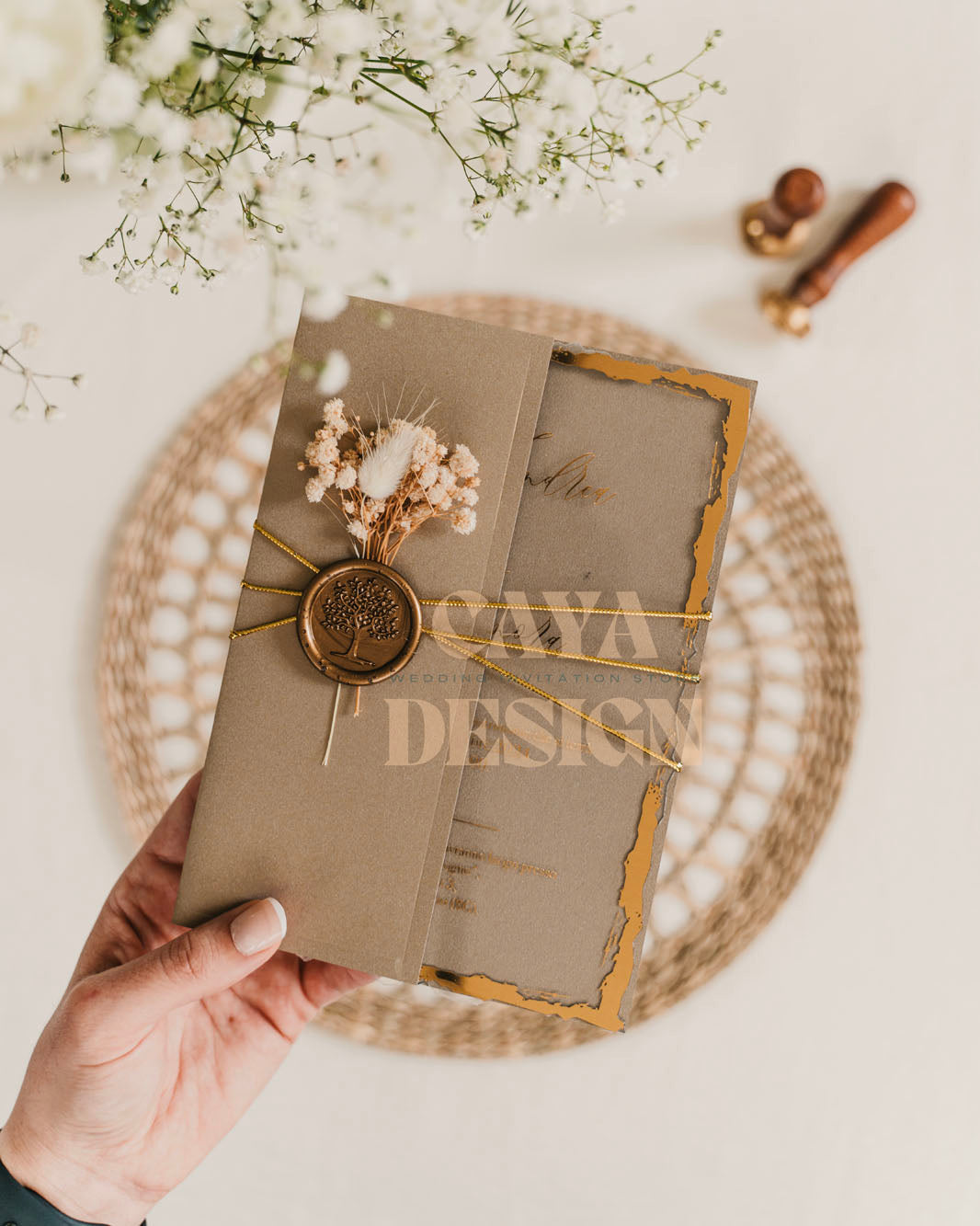 Elegant Brown Paper Half Fold Wedding Invitation with Acrylic Insert Card and Gold Foil details close-up