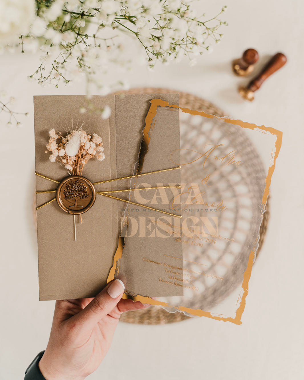 Elegant Brown Paper Half Fold Wedding Invitation with Acrylic Insert Card and Gold Foil details