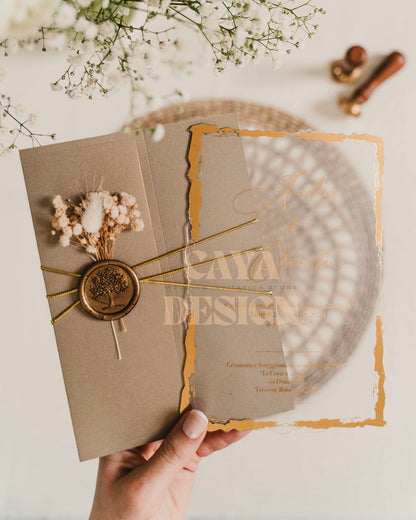 Elegant Brown Paper Half Fold Wedding Invitation with Acrylic Insert Card and Gold Foil and dried flower details close-up