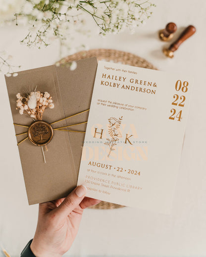 Brown Paper Half Fold Wedding Invitation with Paper Insert Card and Gold Foil Front View close up