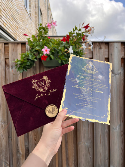 Elegant Burgundy Velvet Horizontal  Wedding Invitation Front View in hands