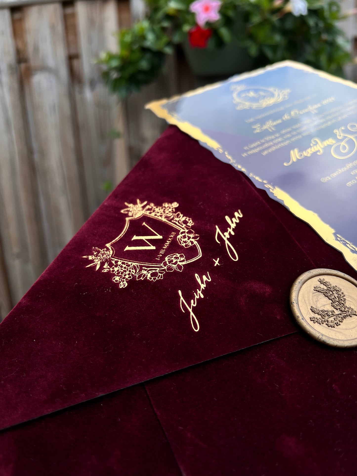 Elegant Burgundy Velvet Horizontal  Wedding Invitation with Acrylic Insert Card and Gold Foil details