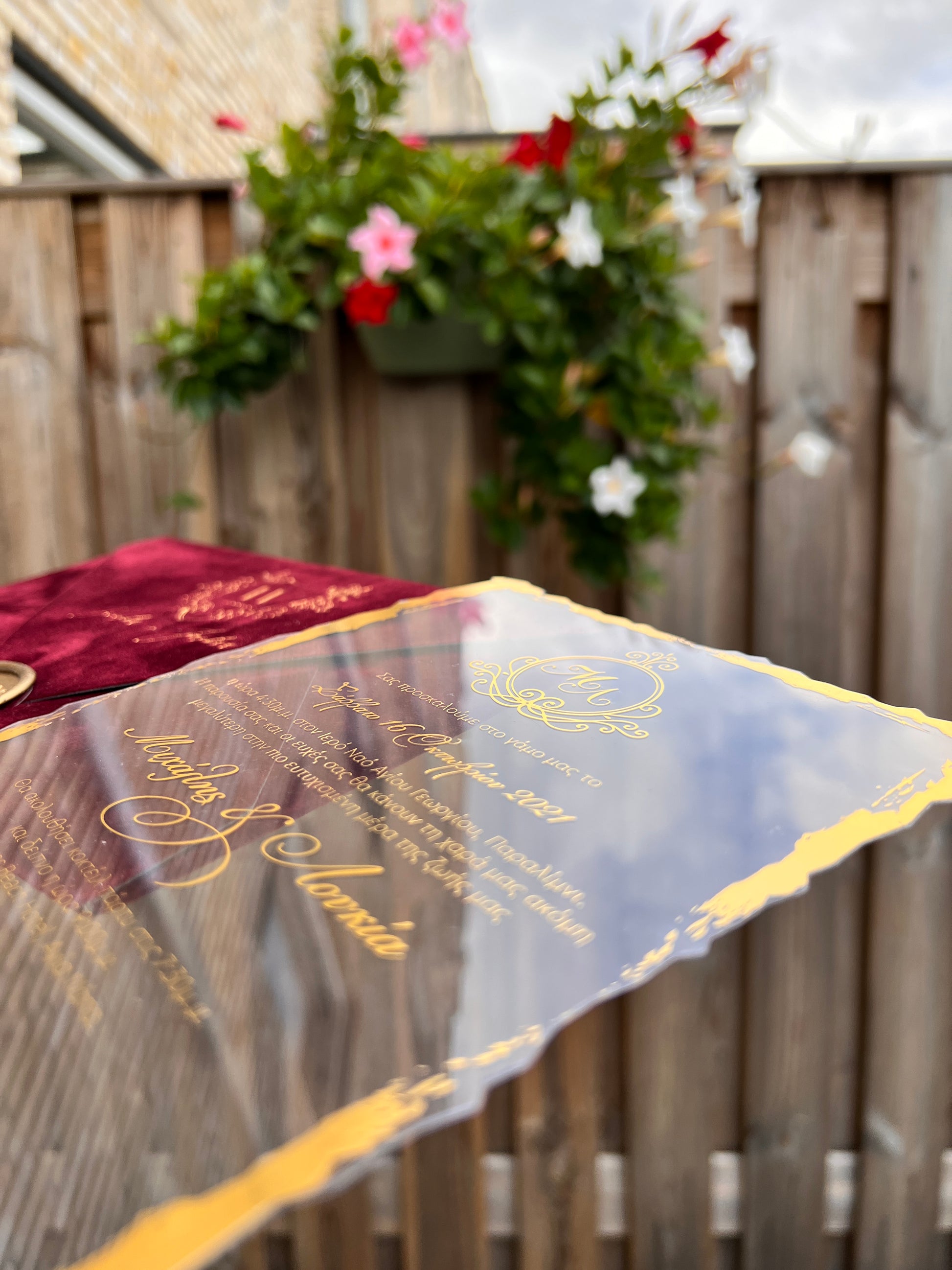 Burgundy Velvet Horizontal  Wedding Invitation with Acrylic Insert Card and Gold Foil details