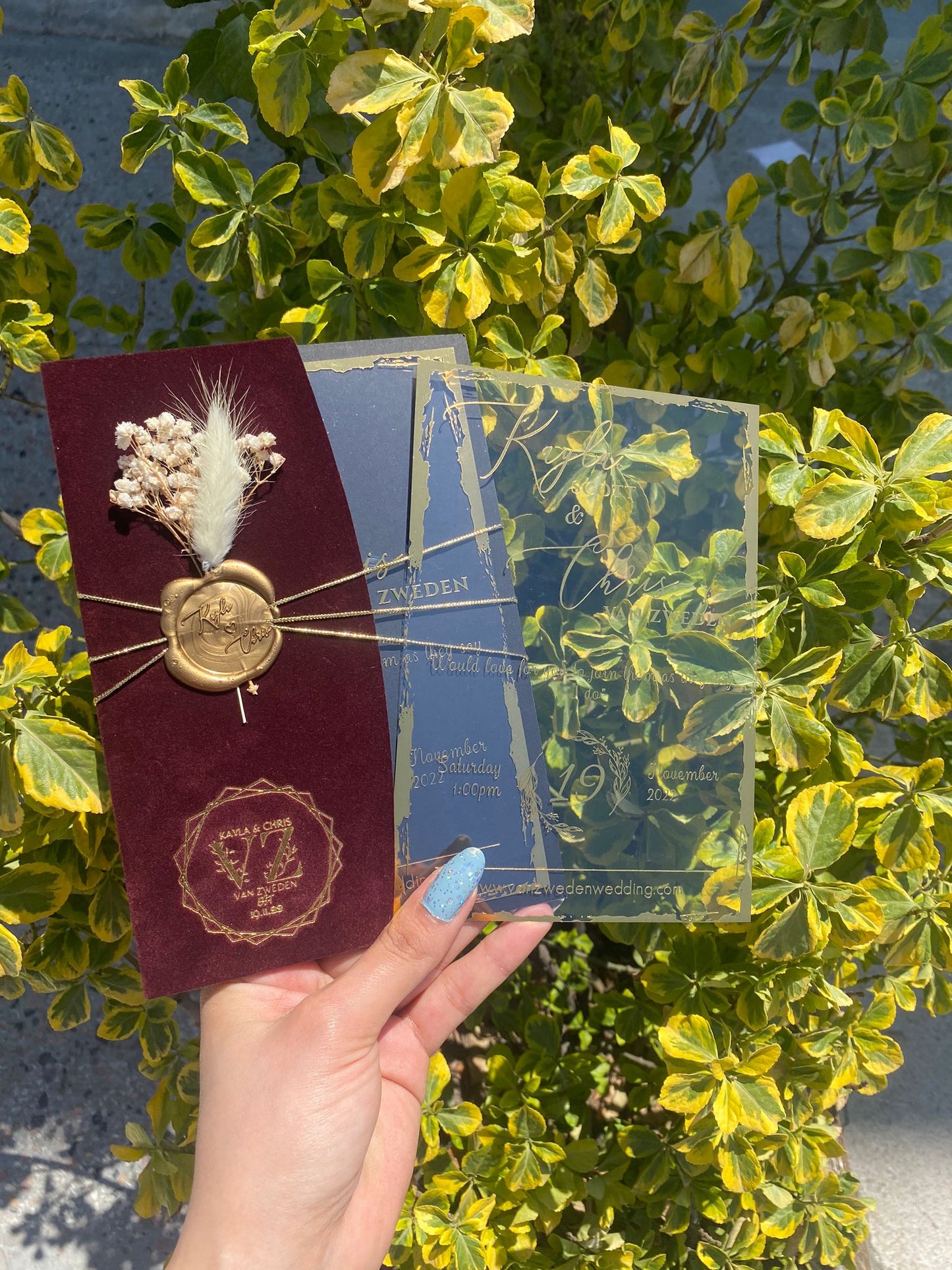 Elegant Burgundy Velvet Half Fold Wedding Invitation with Acrylic Insert Card and Gold Foil details