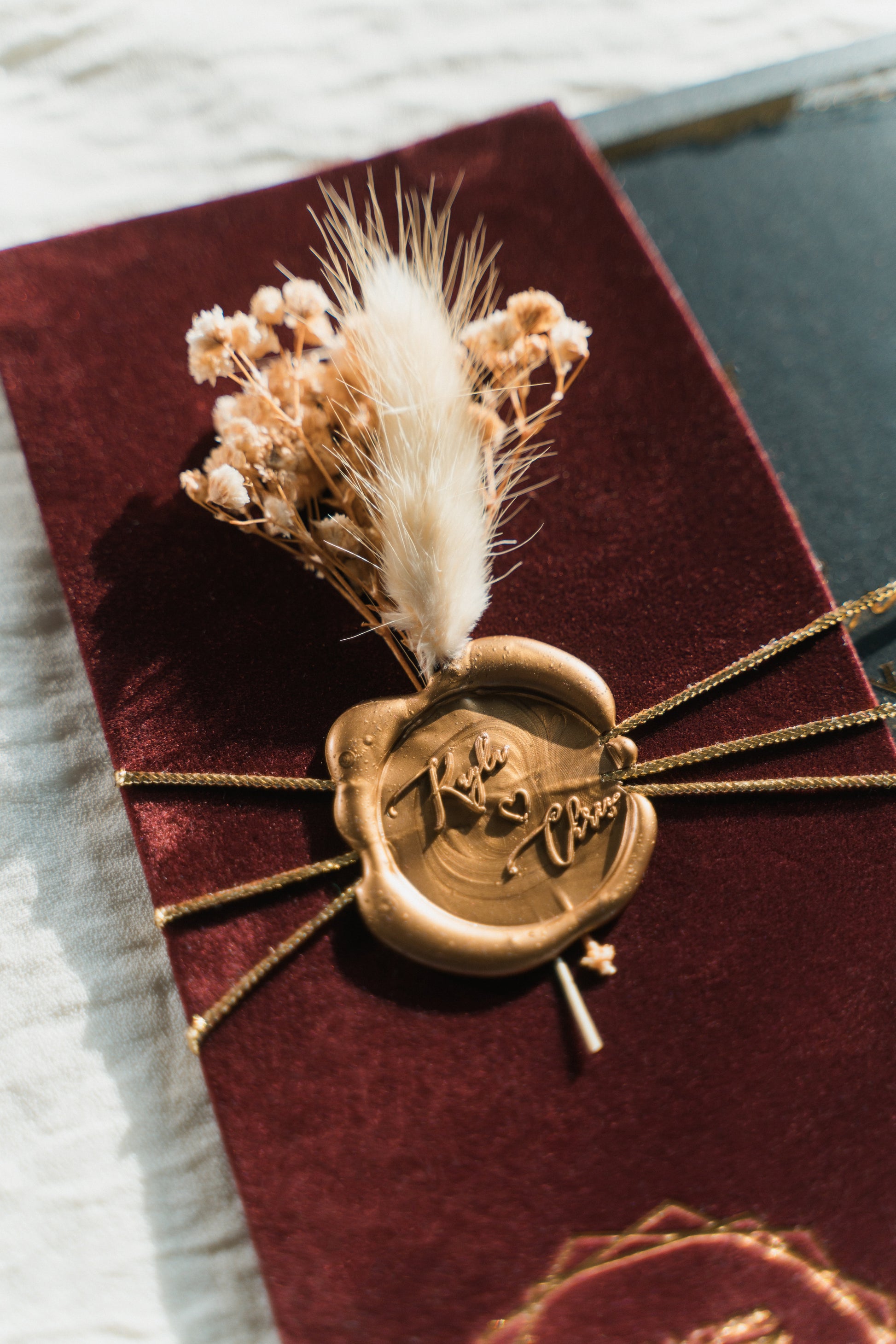 Elegant Burgundy Velvet Half Fold Wedding Invitation with Acrylic Insert Card, Gold Foil details, wax seal and flowers