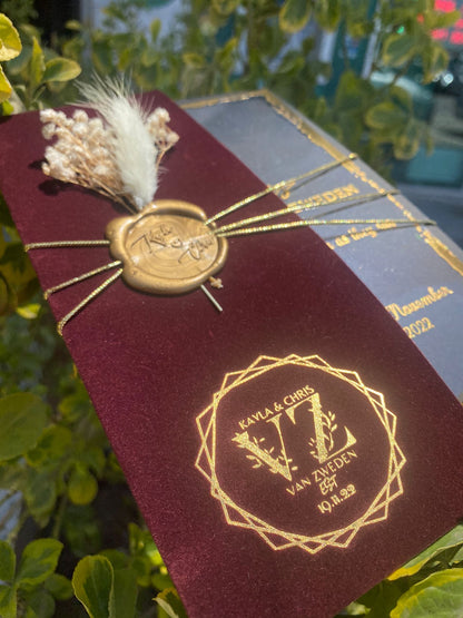 Elegant Burgundy Velvet Half Fold Wedding Invitation with Acrylic Insert Card and Gold Foil details close-up 