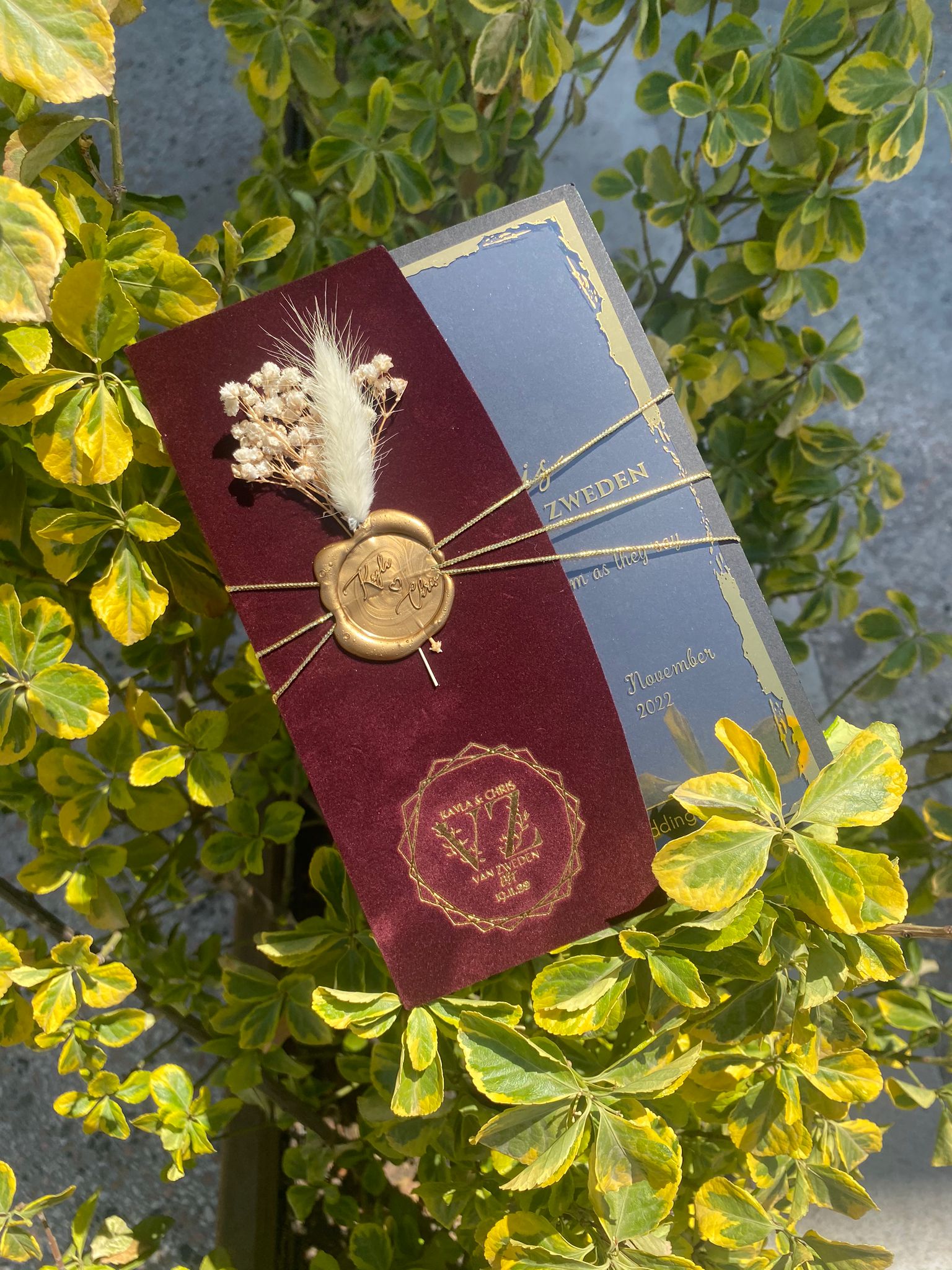 Burgundy Velvet Half Fold Wedding Invitation with Acrylic Insert Card and Gold Foil details