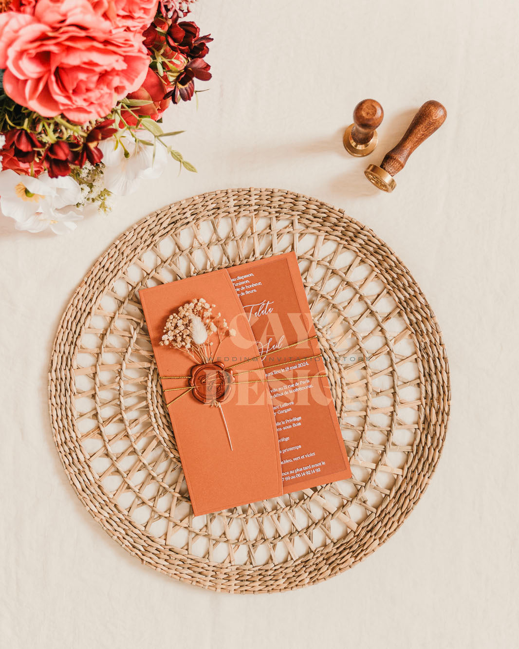 Copper Paper Half Fold Wedding Invitation with Acrylic Insert Card and Silver Foil details