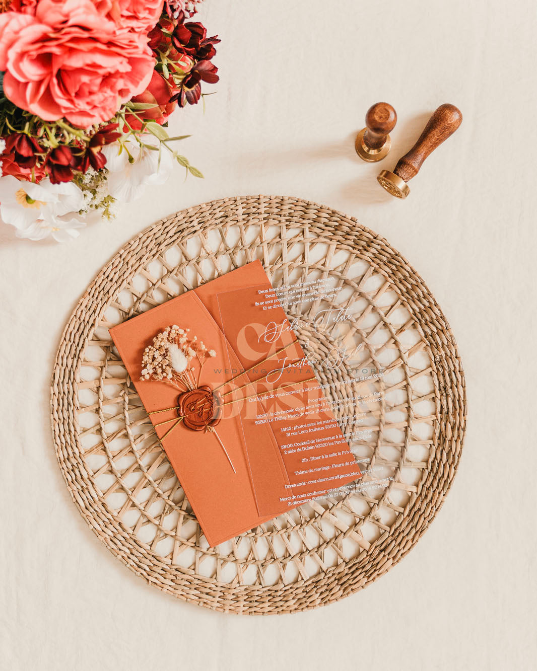 Elegant Copper Paper Half Fold Wedding Invitation with Acrylic Insert Card, Silver Foil details, wax seal and flowers