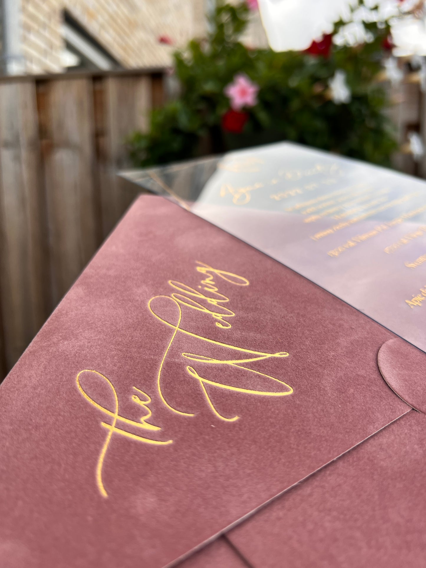 Elegant Dusty Rose Velvet Horizontal  Wedding Invitation with Acrylic Insert Card and Gold Foil details close-up 