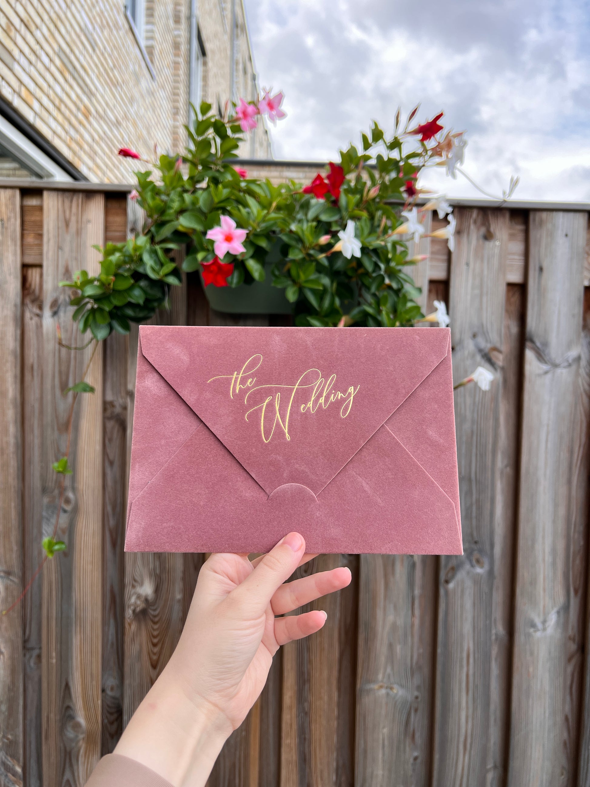 Elegant Dusty Rose Velvet Horizontal  Wedding Invitation Front 