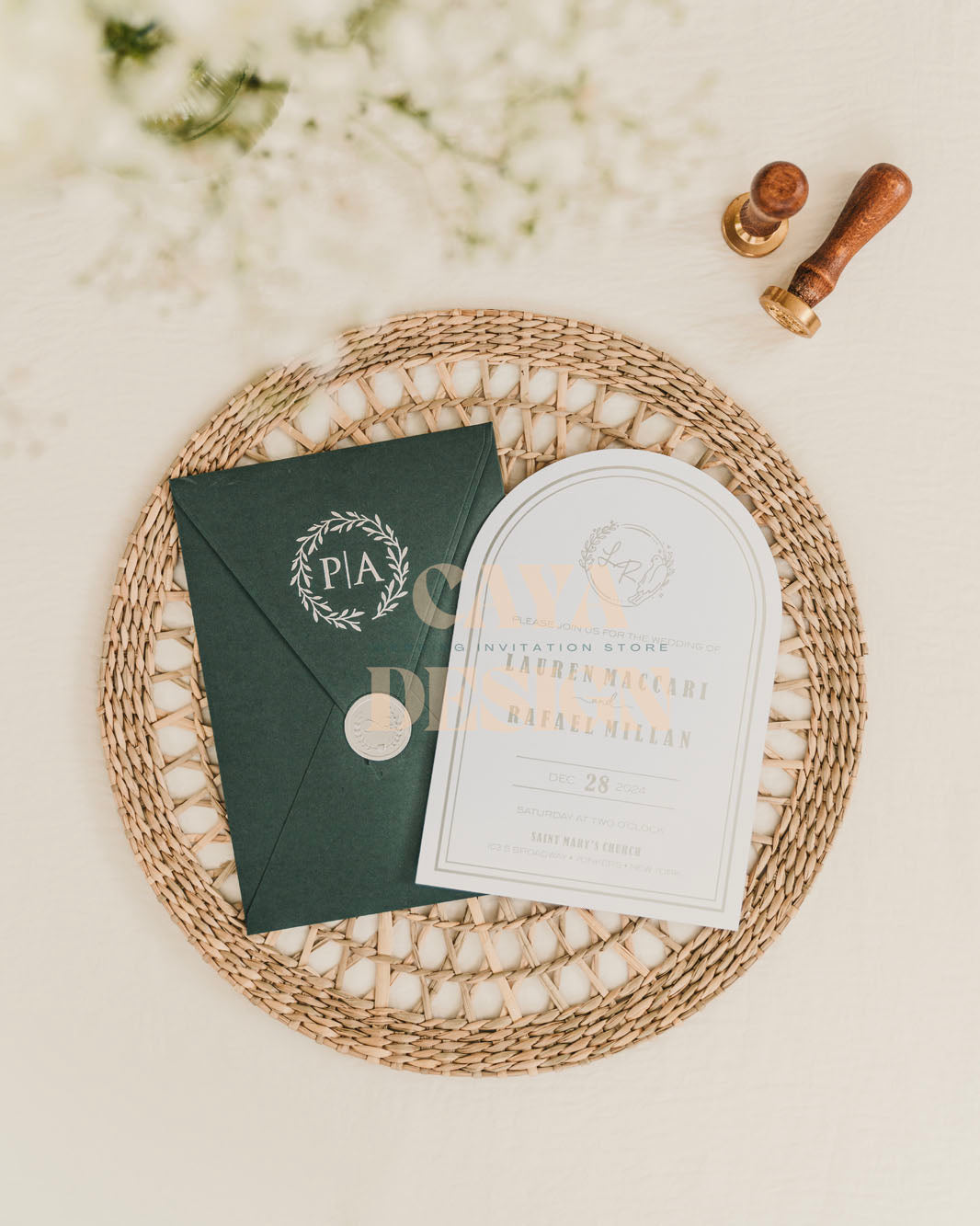 Emerald Green Paper Vertical Wedding Invitation with Paper Insert Card and Gold Foil Front at a wedding