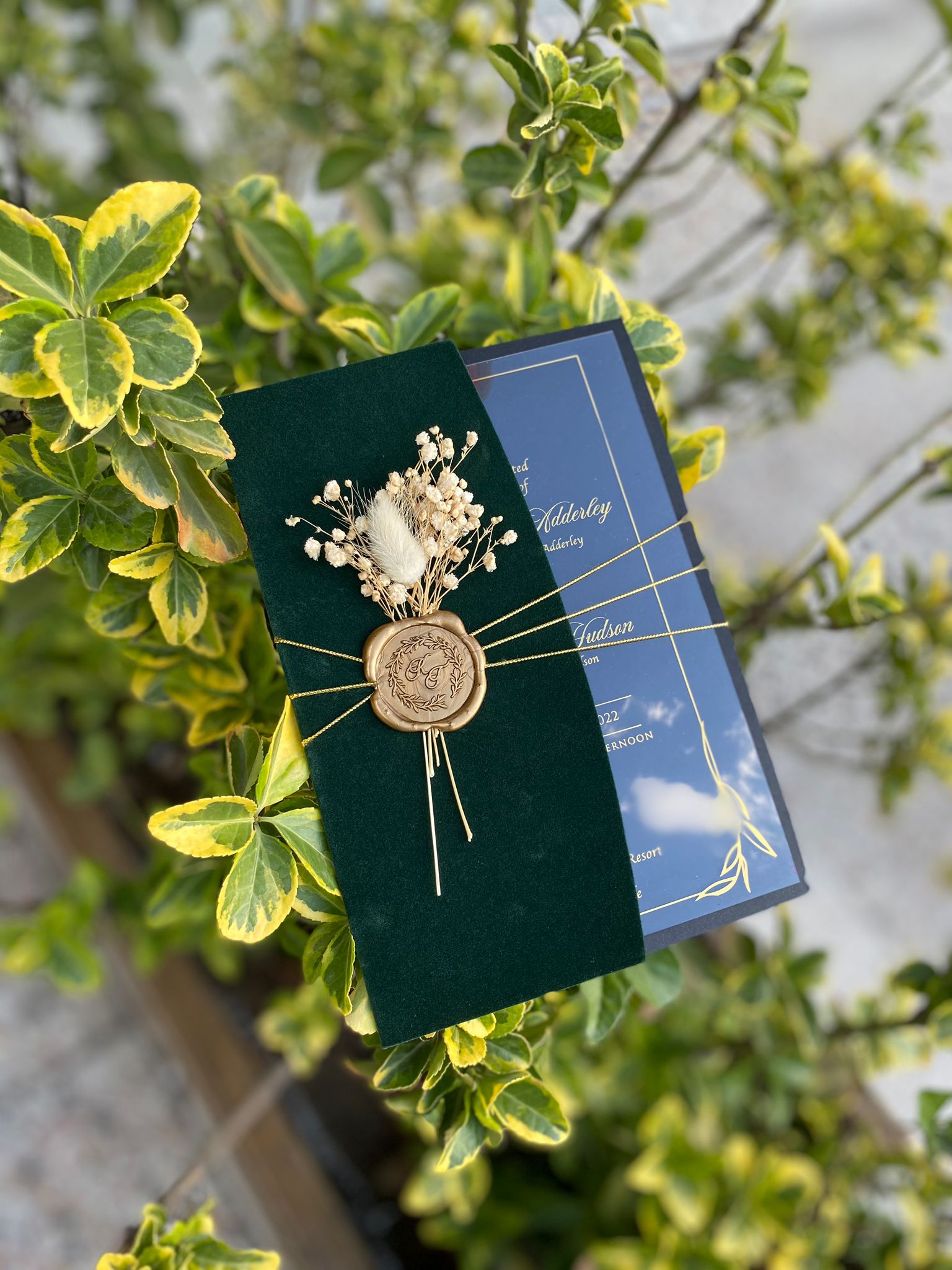 Elegant Emerald Green Velvet Half Fold Wedding Invitation with Acrylic Insert Card, Gold Foil details, wax seal and flowers