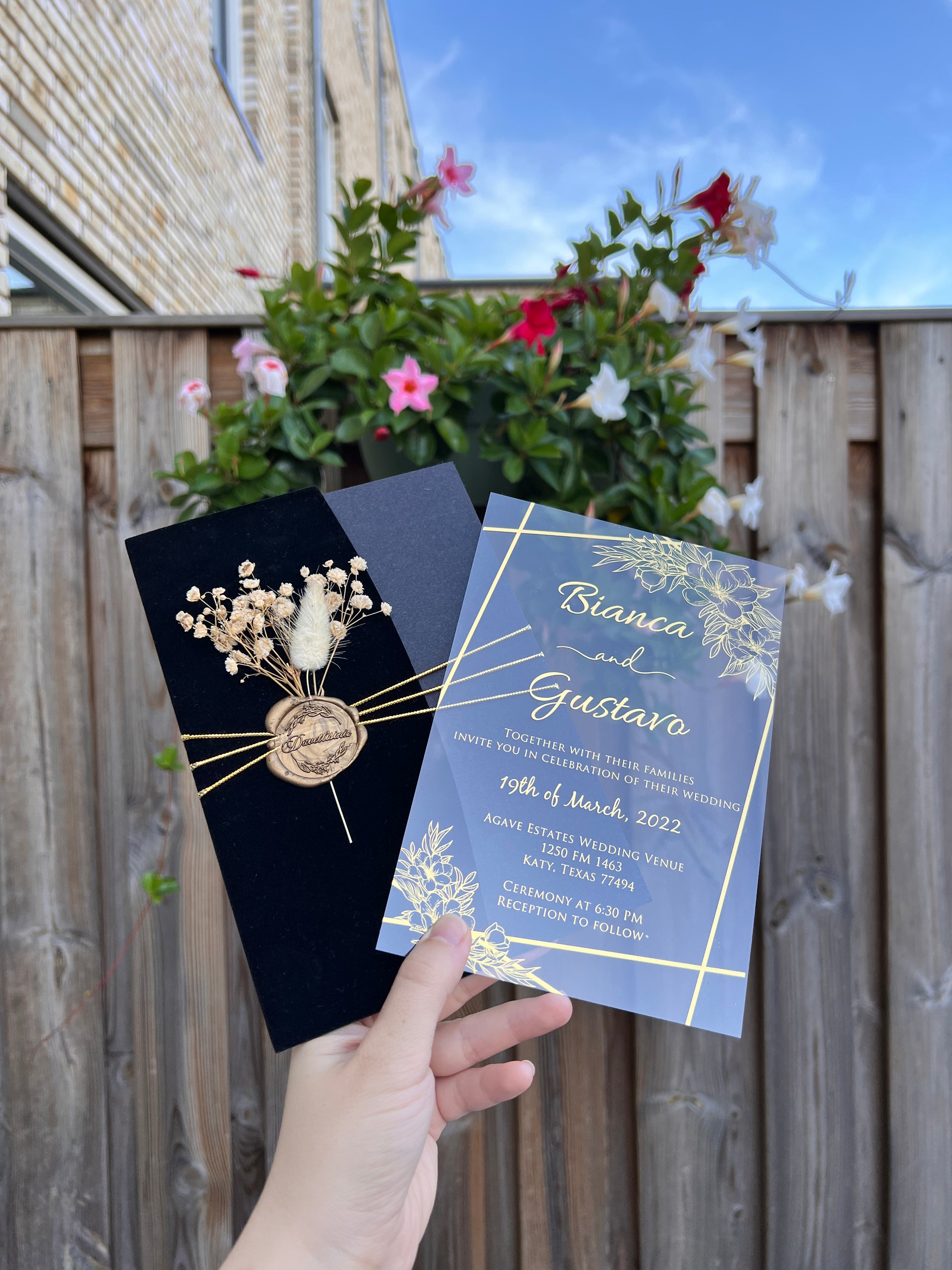 Black Velvet Half Fold Wedding Invitation with Acrylic Insert Card and Gold Foil details