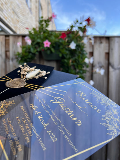 Elegant Black Velvet Half Fold Wedding Invitation with Acrylic Insert Card and Gold Foil details close-up 