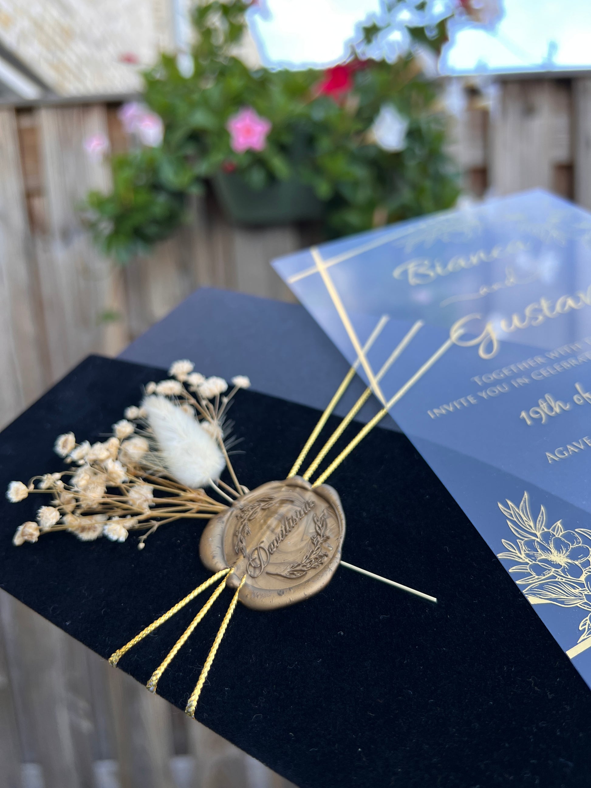 Elegant Black Velvet Half Fold Wedding Invitation with Acrylic Insert Card, Gold Foil details, wax seal and flowers