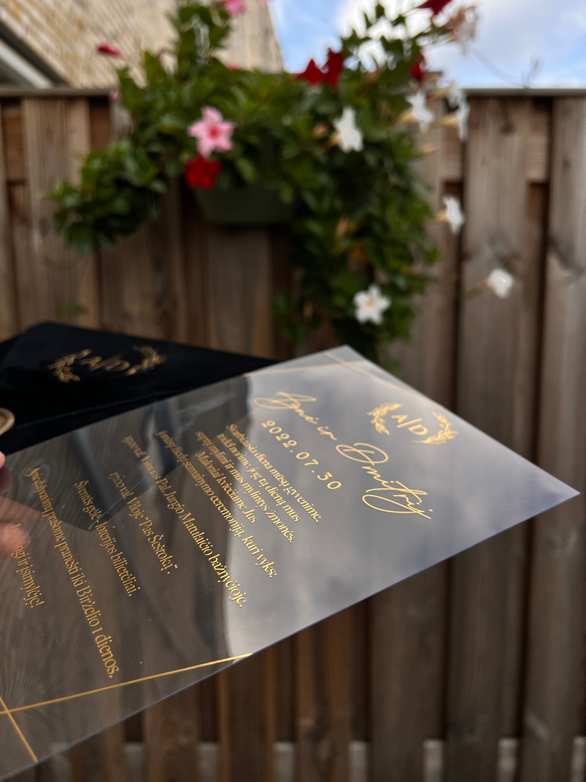 Elegant Black Velvet Horizontal  Wedding Invitation with Acrylic Insert Card and Gold Foil details close-up 