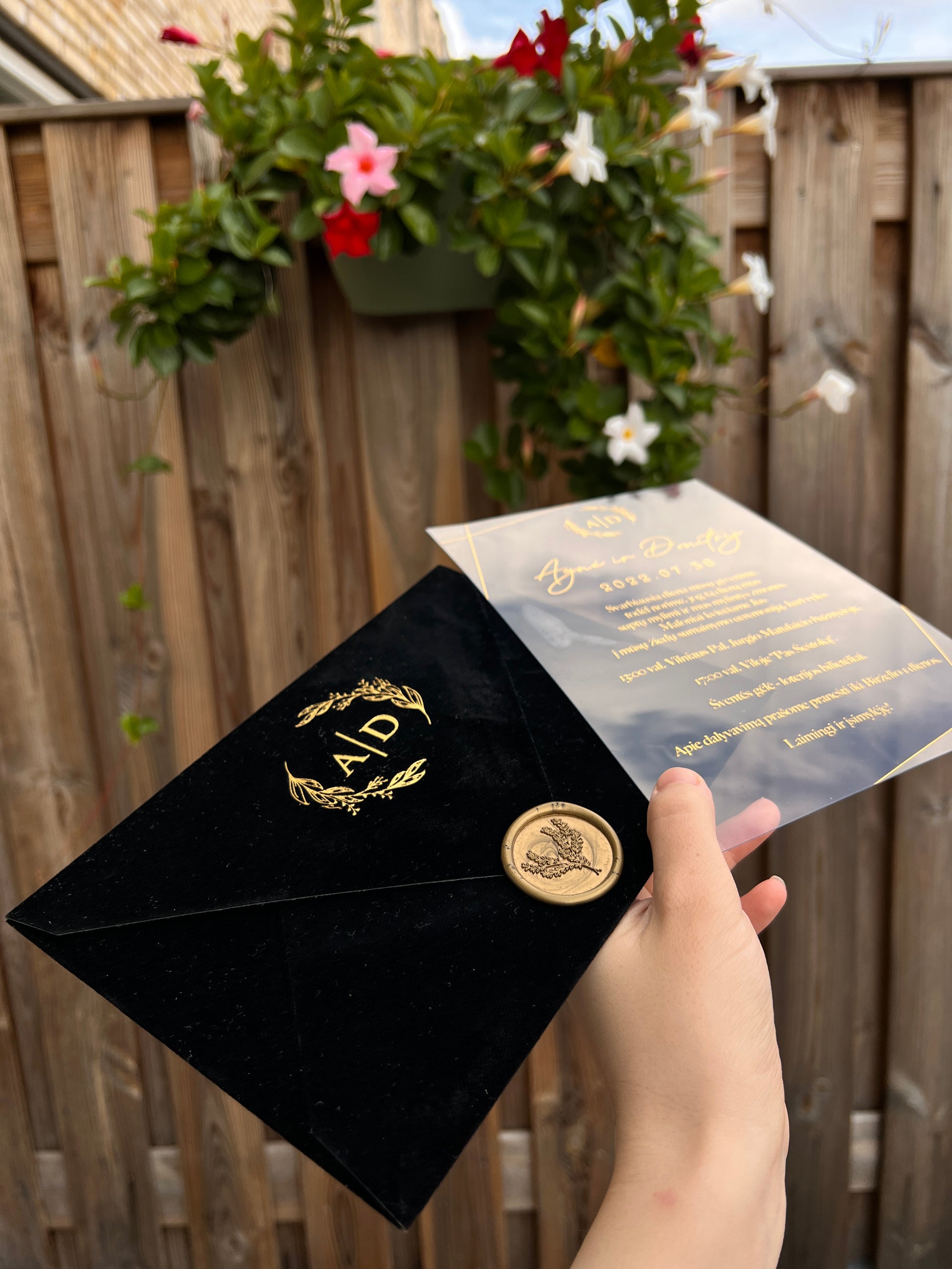 Elegant Black Velvet Horizontal  Wedding Invitation with Acrylic Insert Card, Gold Foil details and wax seal 