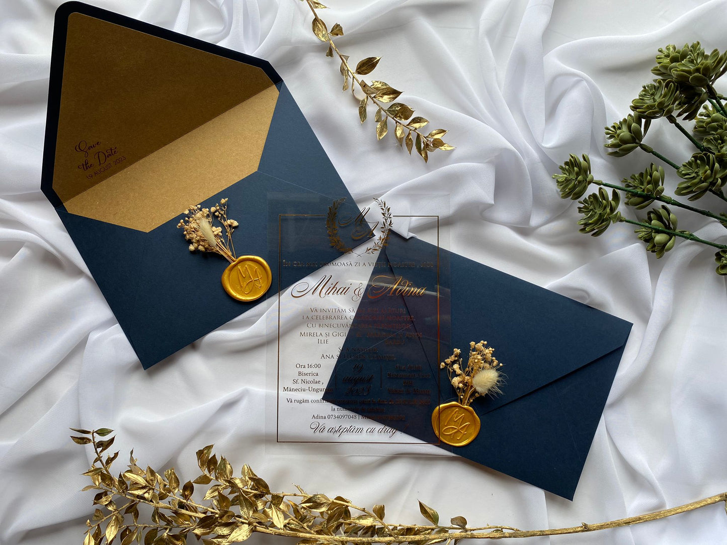 Navy Blue Paper Horizontal Wedding Invitation