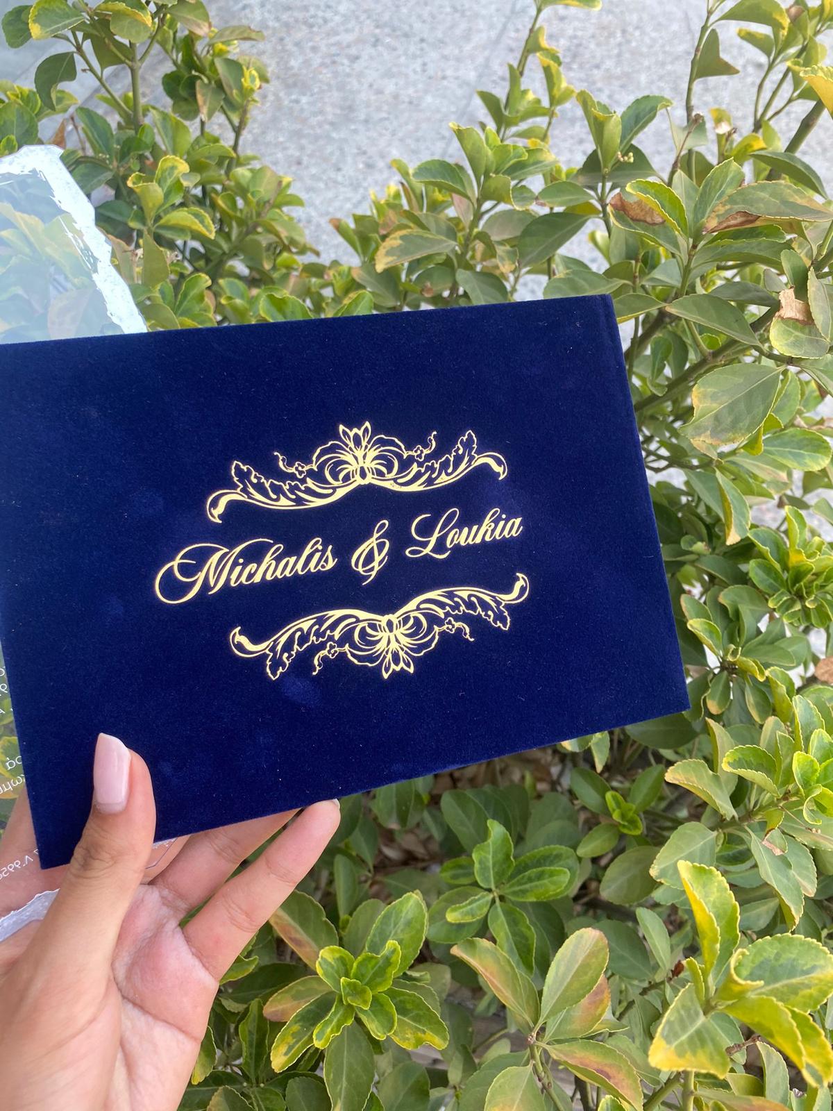 Elegant Navy Blue Velvet Horizontal  Wedding Invitation with Gold Foil details close-up 