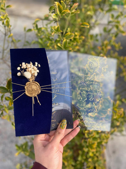 Navy Blue Velvet Half Fold Wedding Invitation with Acrylic Insert Card and Gold Foil details