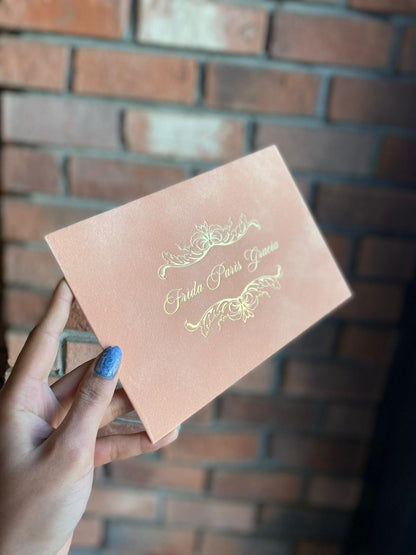 Nude Champagne Velvet Horizontal  Wedding Invitation Back View 