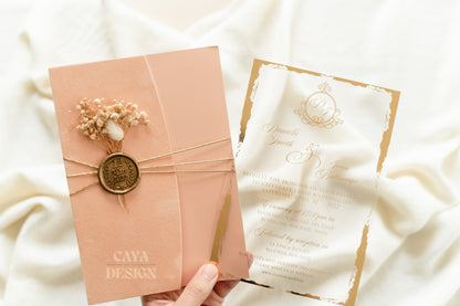 Elegant Nude Champagne Velvet Half Fold Wedding Invitation with Acrylic Insert Card, Gold Foil details, wax seal and flowers