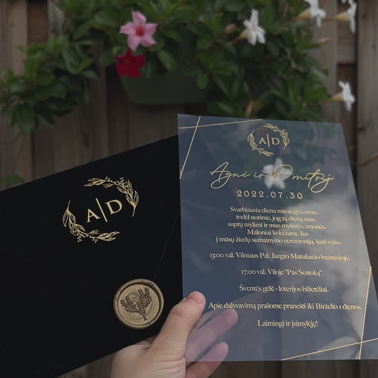 Video of a Black Velvet Horizontal  Wedding Invitation with Acrylic Insert Card, Gold Foil details and wax seal