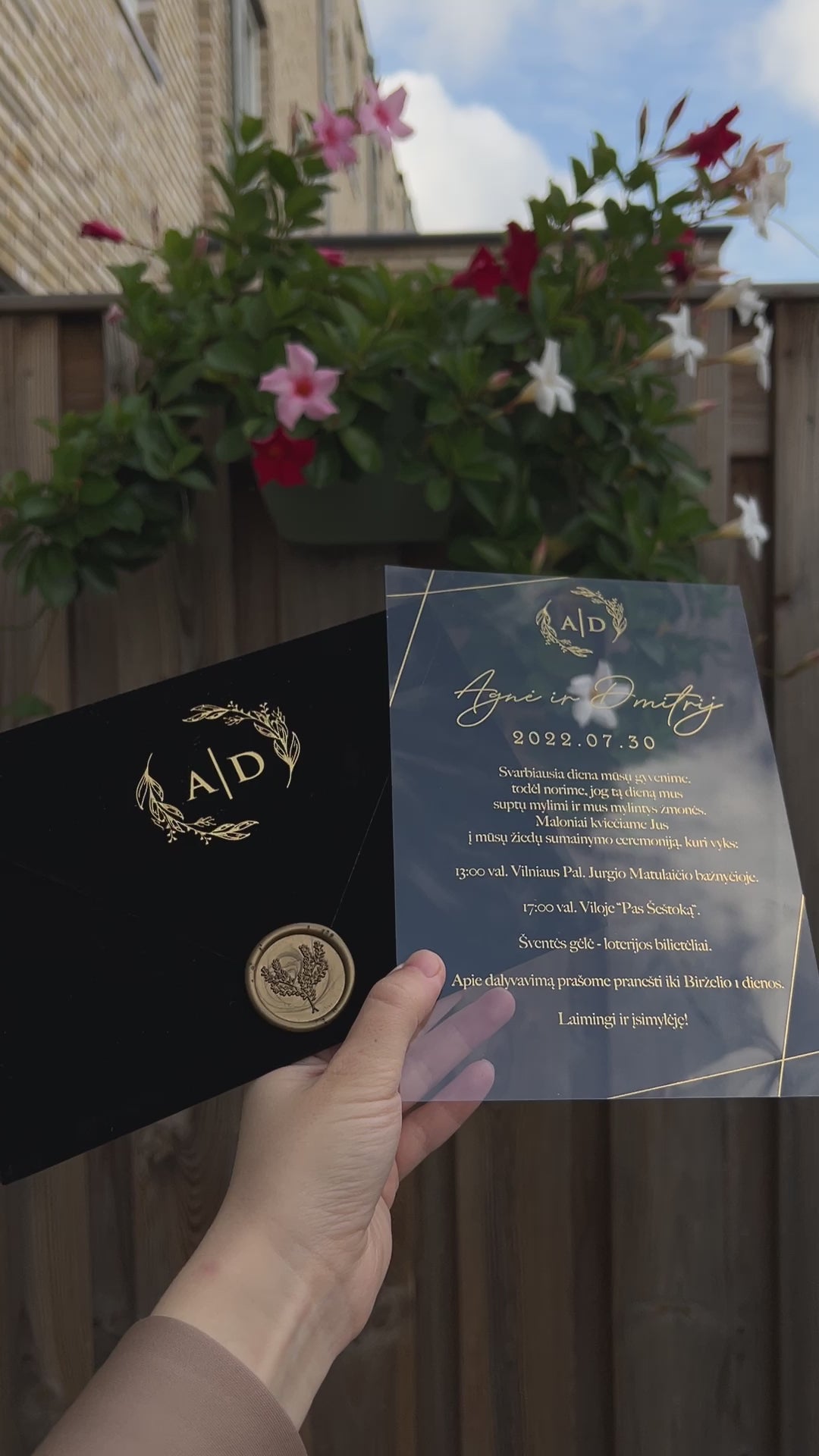 Video of a Black Velvet Horizontal  Wedding Invitation with Acrylic Insert Card, Gold Foil details and wax seal