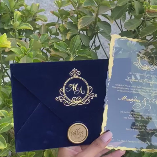 Video of a Navy Blue Velvet Horizontal  Wedding Invitation with Acrylic Insert Card, Gold Foil details, wax seal