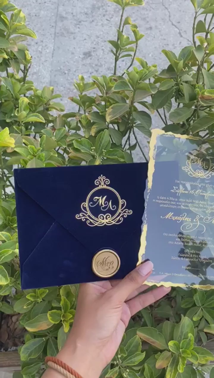 Video of a Navy Blue Velvet Horizontal  Wedding Invitation with Acrylic Insert Card, Gold Foil details, wax seal