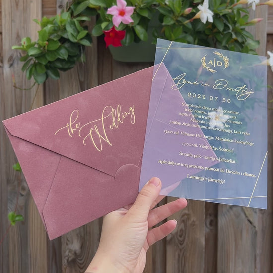 Video of a Dusty Rose Velvet Horizontal  Wedding Invitation with Acrylic Insert Card, Gold Foil details, wax seal