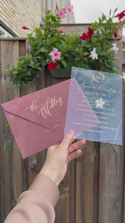 Video of a Dusty Rose Velvet Horizontal  Wedding Invitation with Acrylic Insert Card, Gold Foil details, wax seal