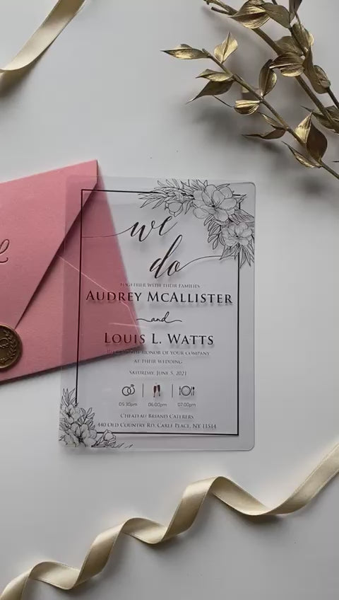 Video of Pink Velvet Horizontal  Wedding Invitation with Acrylic Insert Card and Gold Foil details front view