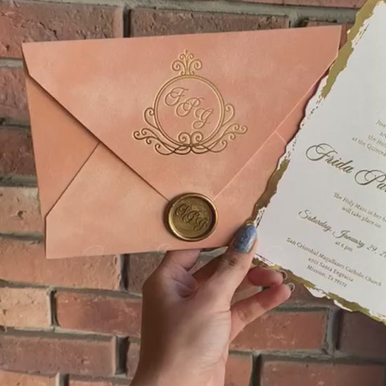 Video of a Nude Champagne Velvet Horizontal  Wedding Invitation with Acrylic Insert Card, Gold Foil details, wax seal and flowers