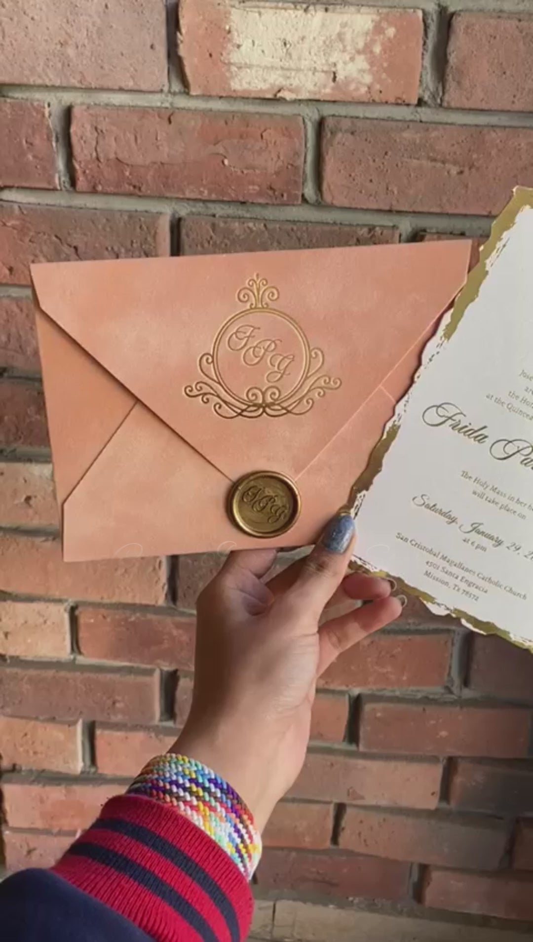 Video of a Nude Champagne Velvet Horizontal  Wedding Invitation with Acrylic Insert Card, Gold Foil details, wax seal and flowers