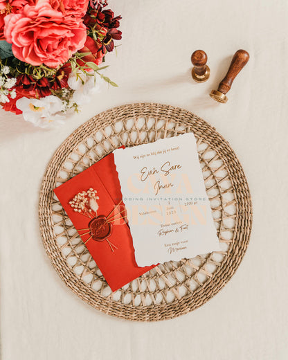 Red Paper Half Fold Wedding Invitation with Paper Insert Card and Gold Foil at a wedding