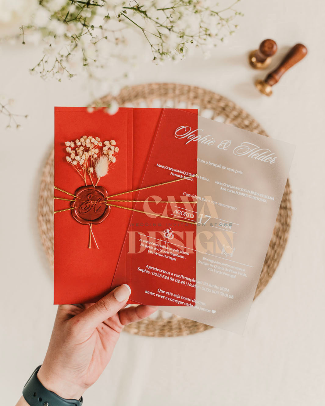 Elegant Red Paper Half Fold Wedding Invitation with Acrylic Insert Card and Silver Foil details, wax seal and flowers close-up