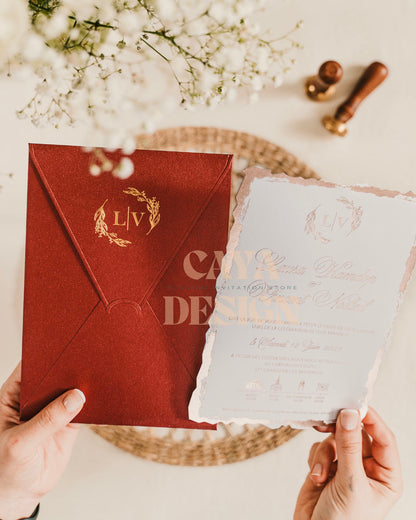 Red Paper Vertical Wedding Invitation with Paper Insert Card and Gold Foil Front View close up